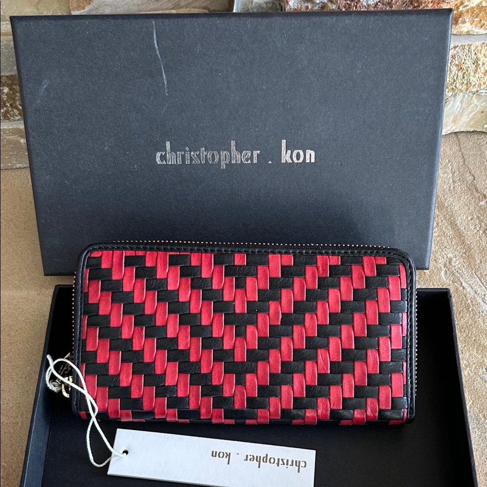 Christopher Kon Red and Black Woven Wallet 100% leather